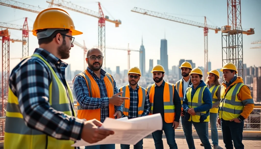 New York Construction Manager leading a team on-site with bustling cranes and blueprints.
