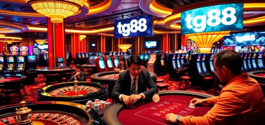 Engaging tg88 casino scene featuring professional poker players and vibrant slot machines.