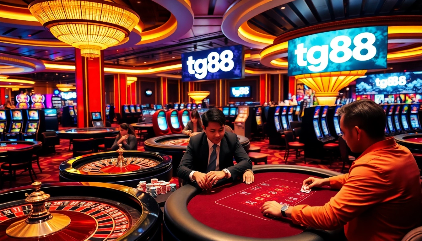 Engaging tg88 casino scene featuring professional poker players and vibrant slot machines.