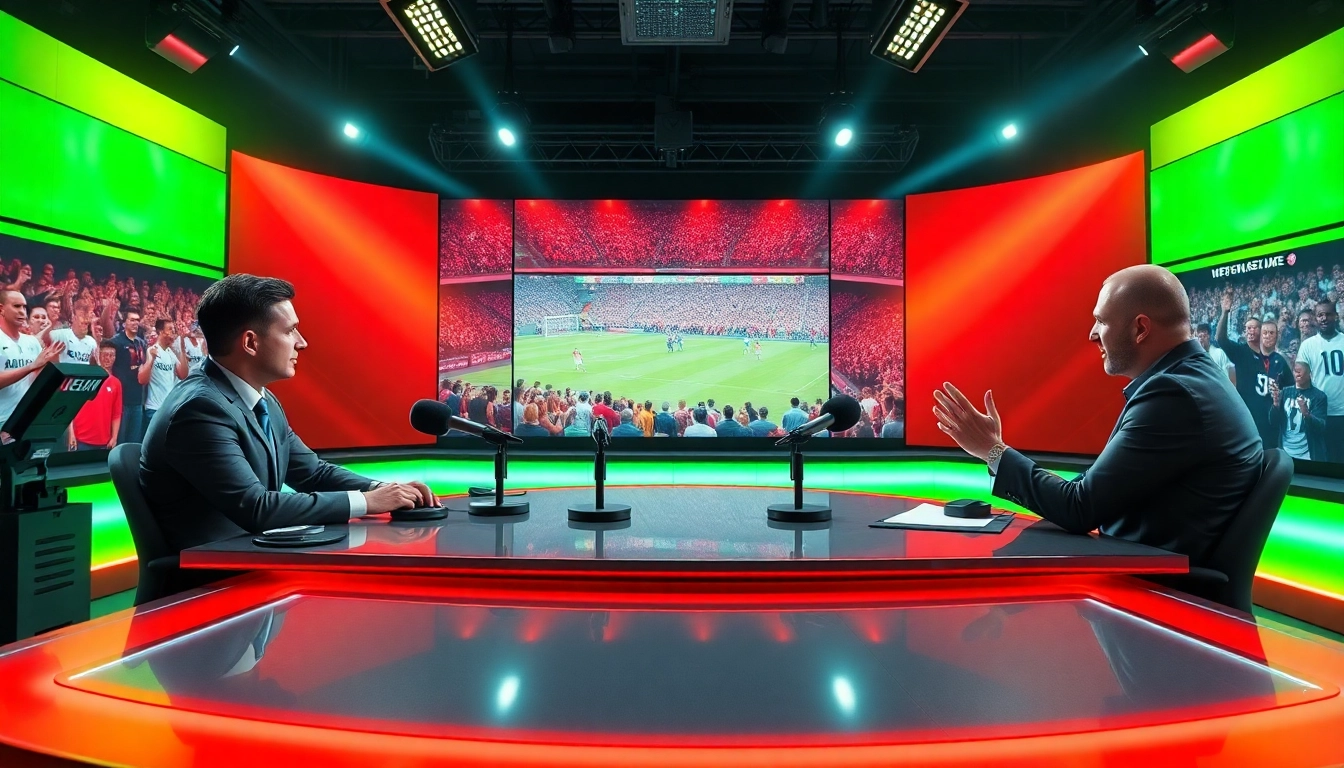 Engaging sports broadcasting studio scene with hosts covering live events.