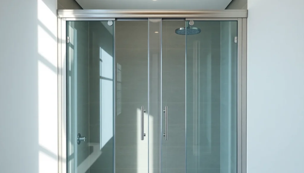 Elegant shower sliding doors open, showcasing modern design and smooth functionality.