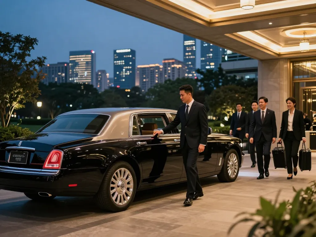 Oswego IL limousine service featuring a professional chauffeur assisting guests at a luxury venue in Chicago.