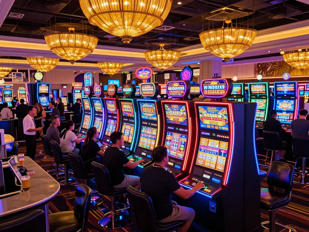 Players enjoying vibrant slot machines on the casino floor at go8 Las Vegas, showcasing excitement and chance.