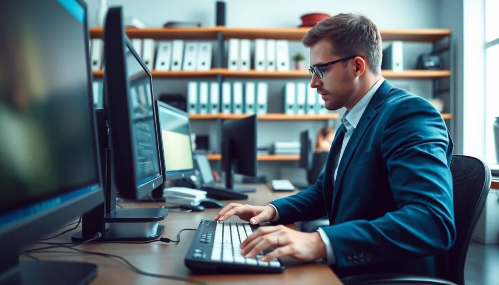 Expert typist efficiently working at a busy Typing Center, showcasing productivity and technology.