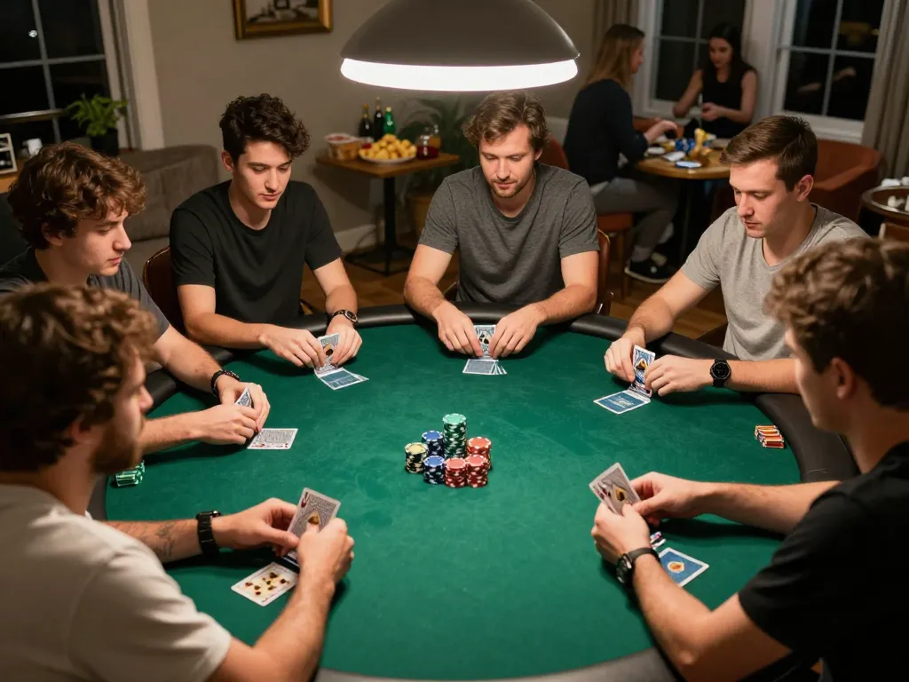 Players strategizing during an engaging poker night, focusing on FC88 gameplay dynamics, with colorful chips and cards visible.