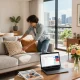 A young professional optimizing airbnb management sydney in a stylish apartment with a scenic view.