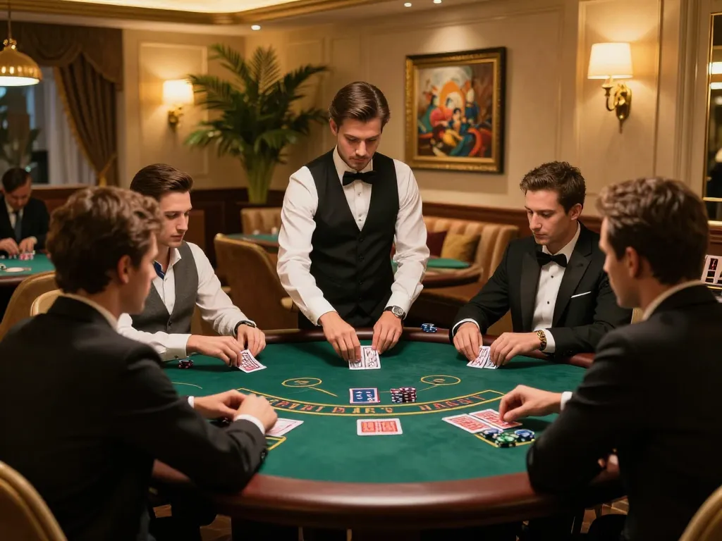 Engaging blackjack table at VIPwin casino, with players strategizing their bets and cards for excitement