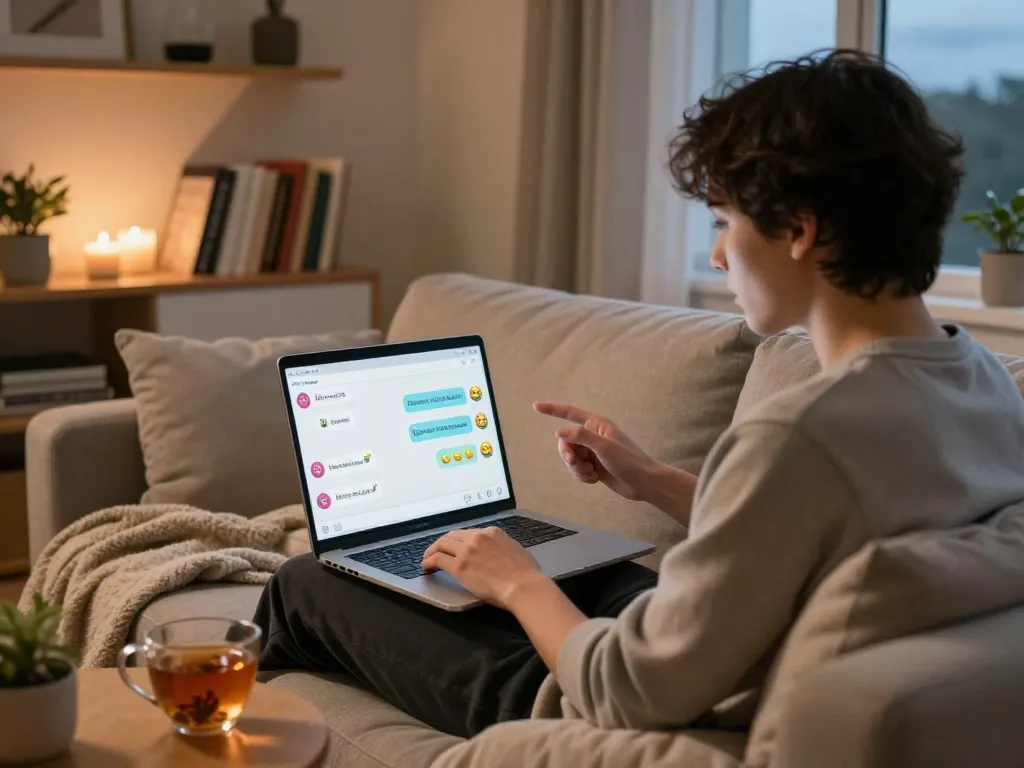 Engaging in a free AI sex chat in a cozy home environment with ambient lighting.
