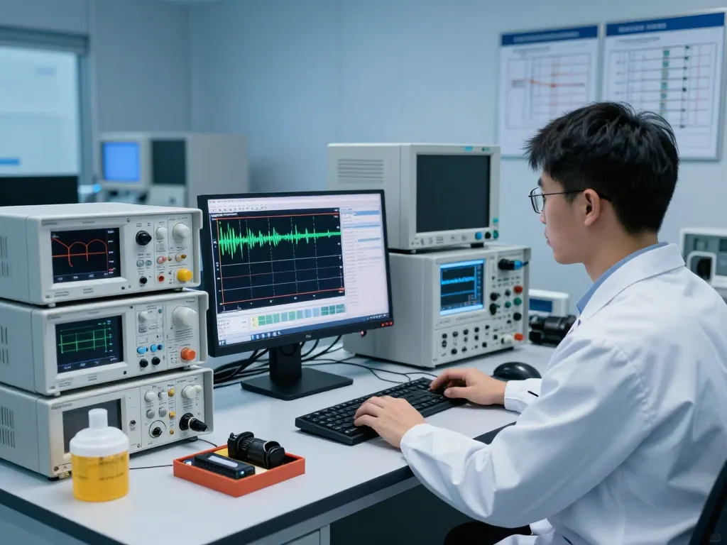 Engineer performing RF testing in a modern lab, showcasing advanced technology and equipment.