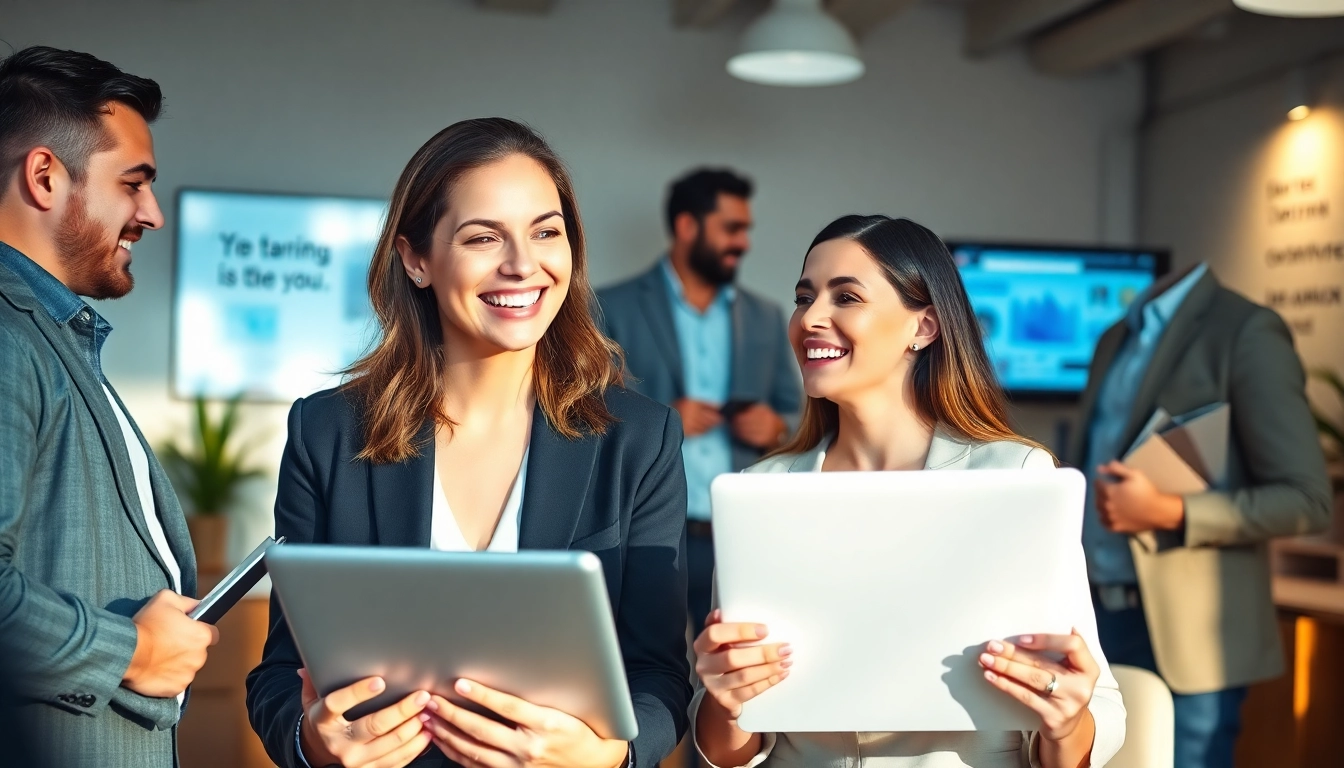 Showcasing the ideal career with professionals engaged in diverse tasks in a vibrant office setting.