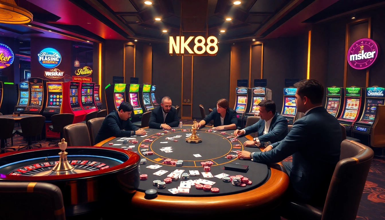 Players enjoying a thrilling poker game at NK88's luxurious casino table.