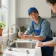 Dedicated pages for plumbing services, plumber assisting homeowner in modern kitchen repair.