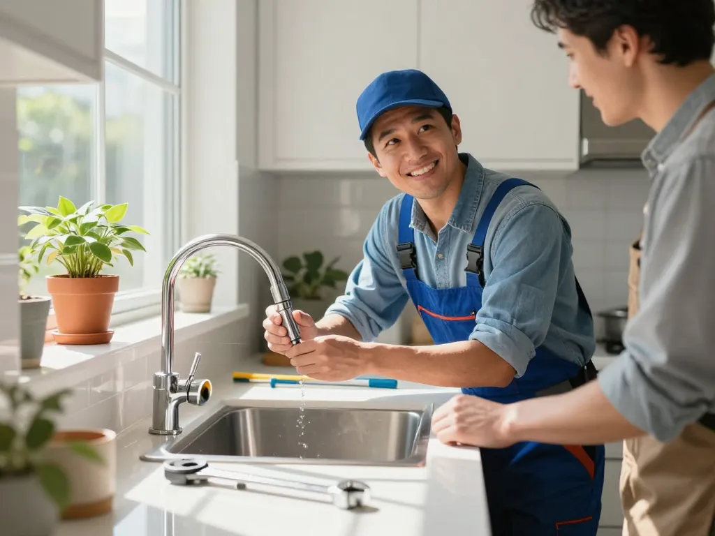 Dedicated pages for plumbing services, plumber assisting homeowner in modern kitchen repair.
