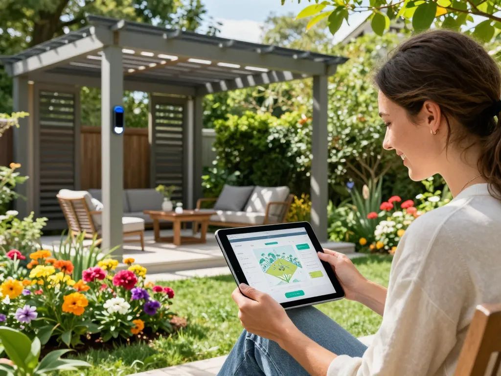 Homeowner using a 3D pergola configurator in a vibrant garden for design inspiration.