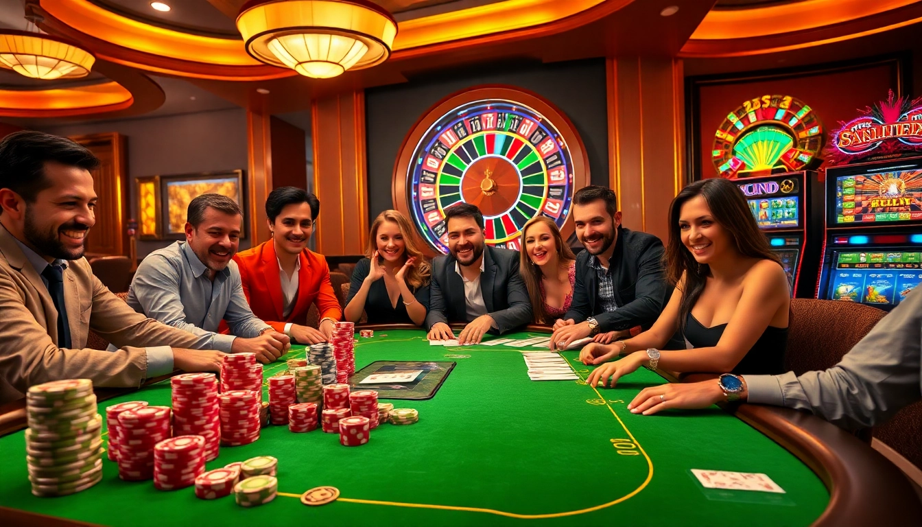 B52CLUB gaming table featuring colorful chips and excited players in a luxurious casino setting.