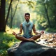 Meditating individual in nature emphasizing mental wellness through tranquility and harmony.
