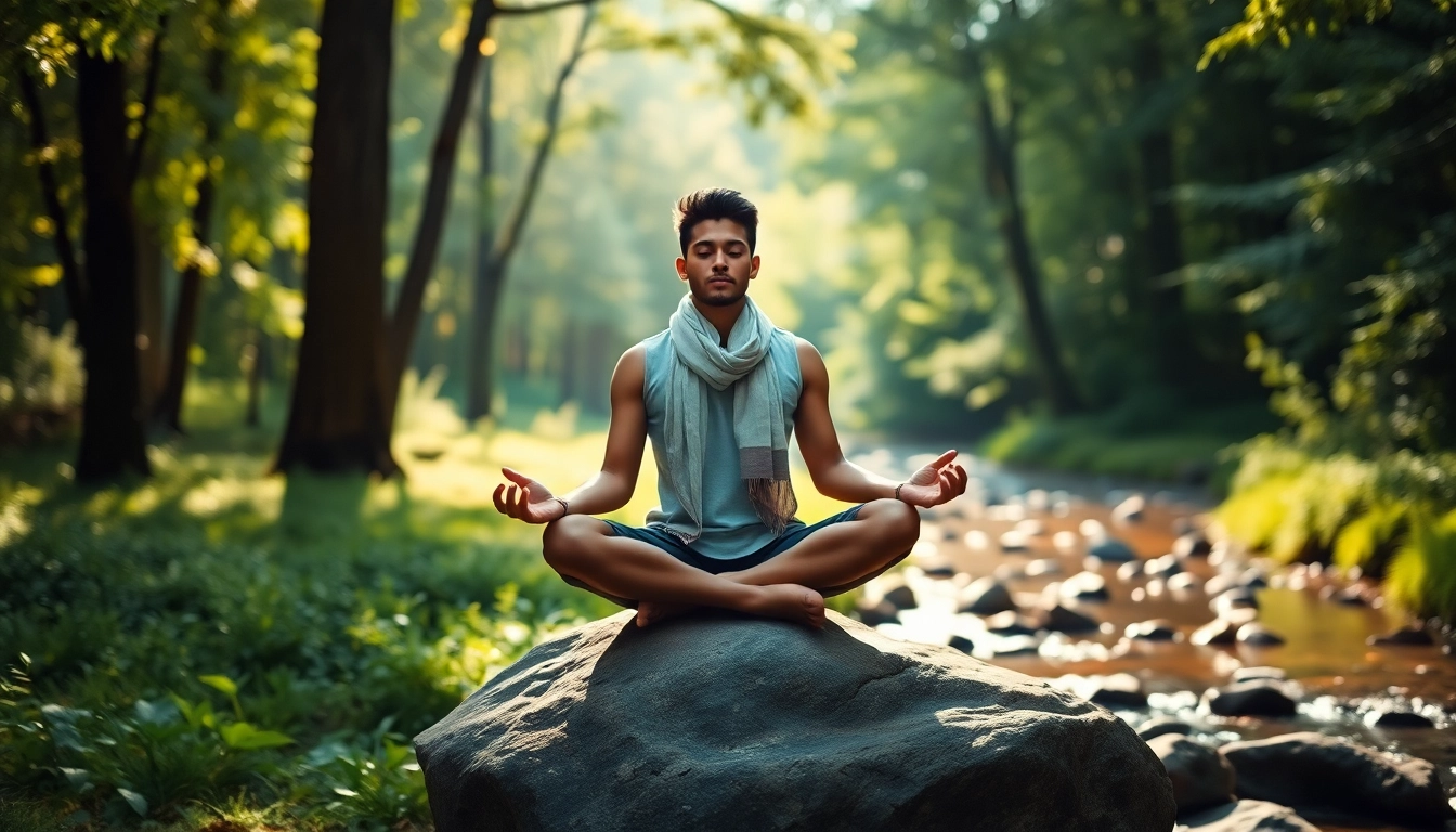 Meditating individual in nature emphasizing mental wellness through tranquility and harmony.