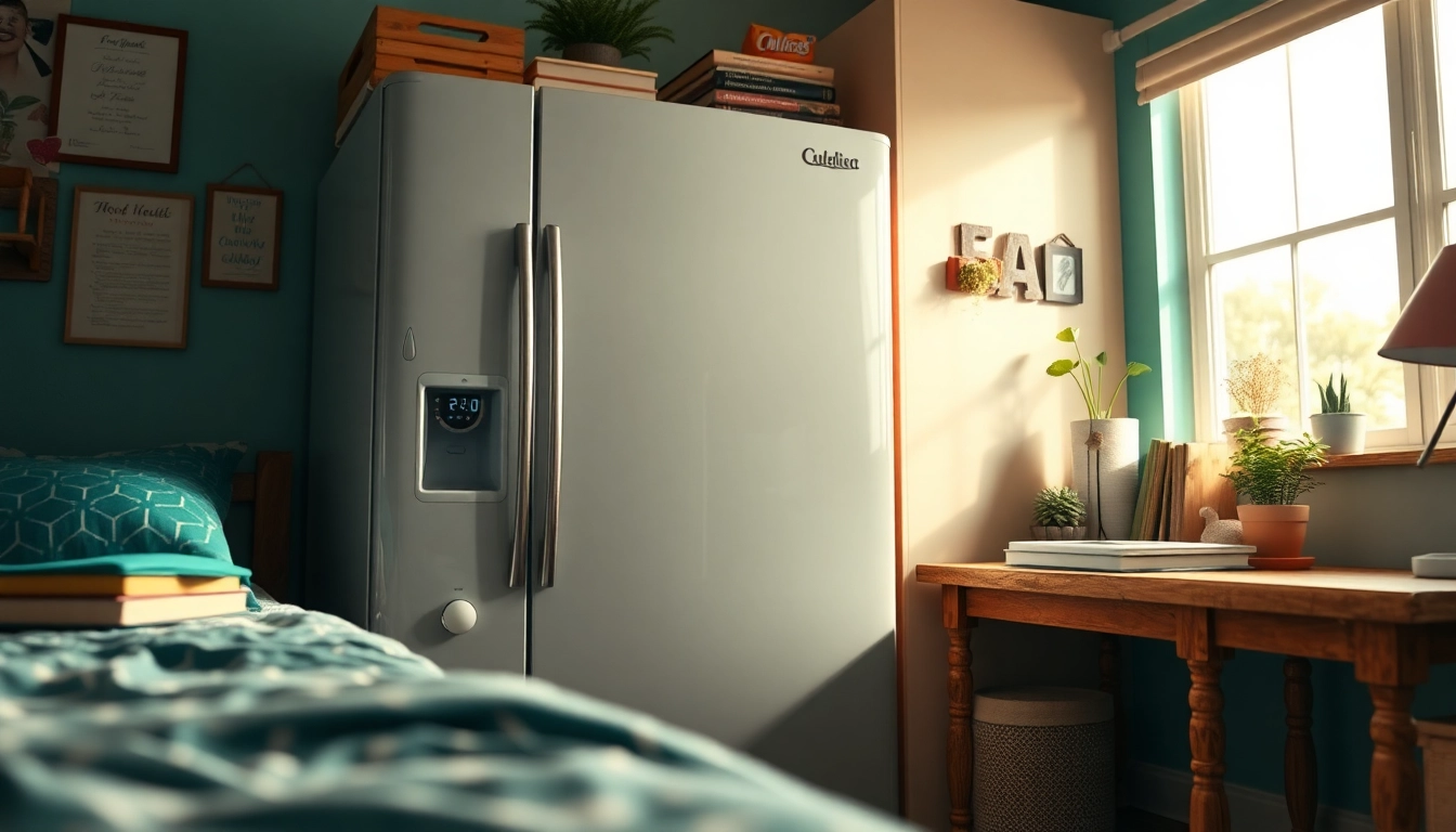 Showcase a dorm room fridge filled with snacks and beverages in a vibrant college setting.