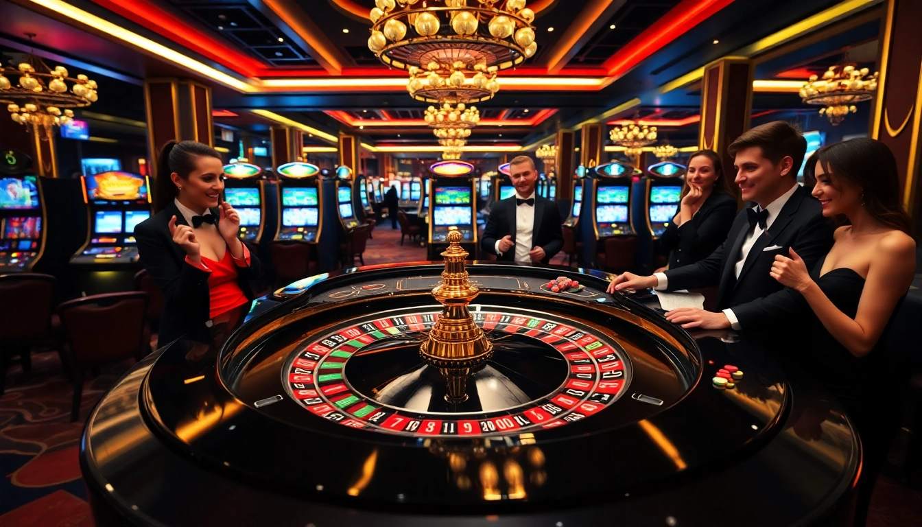 Excited players at https://78winn.co/ celebrating wins at a luxurious roulette table.