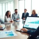 Engaged professionals analyze B2B competitive intelligence data in a modern office.