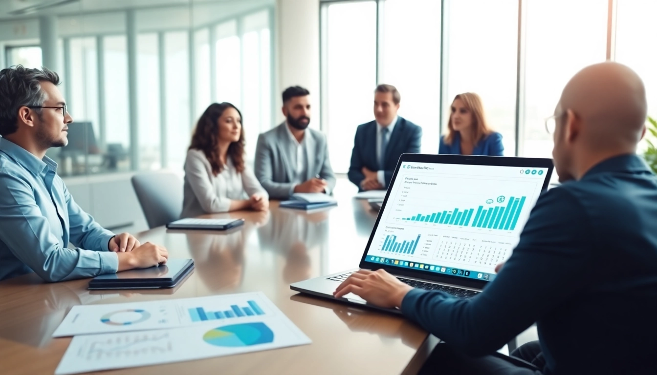 Engaged professionals analyze B2B competitive intelligence data in a modern office.