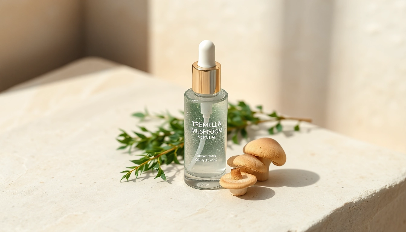 Tremella mushroom serum displayed amidst fresh herbs and natural elements, showcasing its organic beauty benefits.