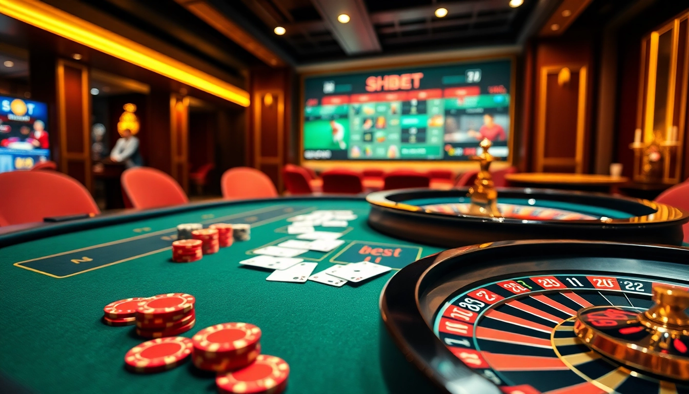 Betting at SHBET with exciting poker and roulette action in a luxurious casino setting.