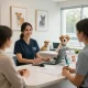 AI receptionist for vets assisting a pet owner in a welcoming veterinary clinic environment.