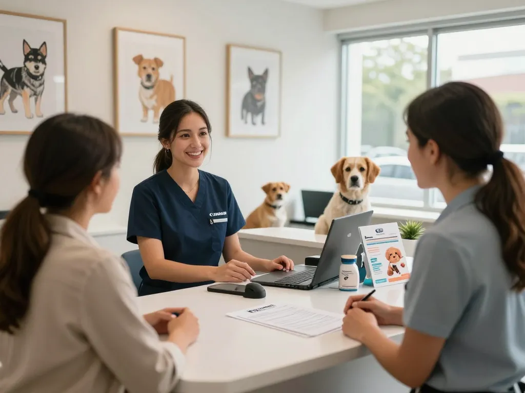 AI receptionist for vets assisting a pet owner in a welcoming veterinary clinic environment.
