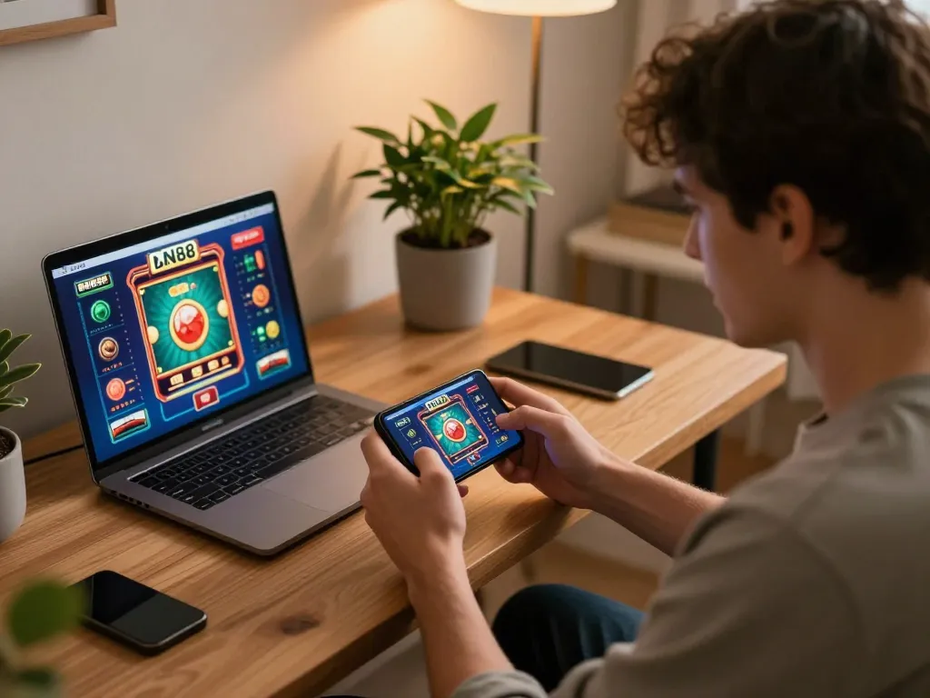 Player engaging with dn88 casino app on smartphone in cozy home office setting, showcasing online gaming excitement.