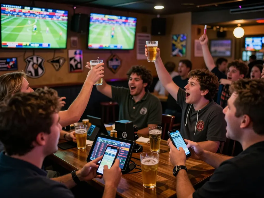 Patrons engaging in sports betting while reviewing tỷ lệ kèo nhà cái 5 at a lively sports bar, conveying excitement and social interaction.