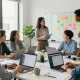 Recruiters collaborating in a vibrant office space at a temp agency setting, showcasing teamwork and engagement in the hiring process.