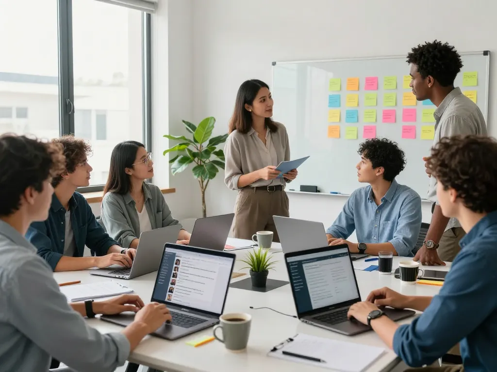 Recruiters collaborating in a vibrant office space at a temp agency setting, showcasing teamwork and engagement in the hiring process.