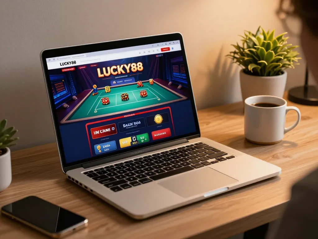 LUCKY88 online betting scene with a laptop displaying casino games and a cozy atmosphere