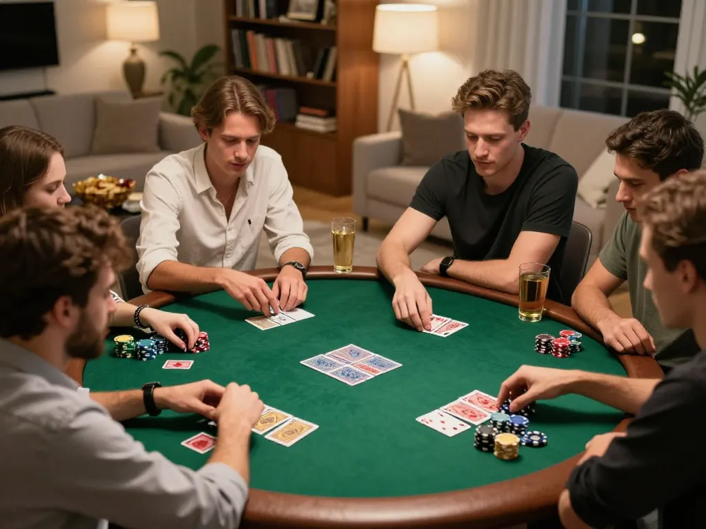 Teman-teman menikmati permainan poker yang intens di rumah, menyoroti SBOBET88 dan permainan yang strategis.