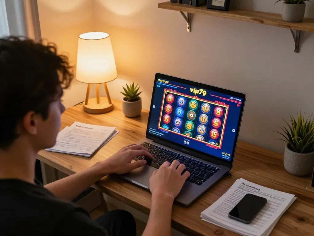 Playing vip79 online casino games on a laptop in a cozy home office