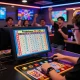 Adegan undian langsung yang menunjukkan semangat Pengeluaran HK Lotto di lounge permainan yang hidup, dengan pemain bersorak dan hasil lotere bersinar di layar.