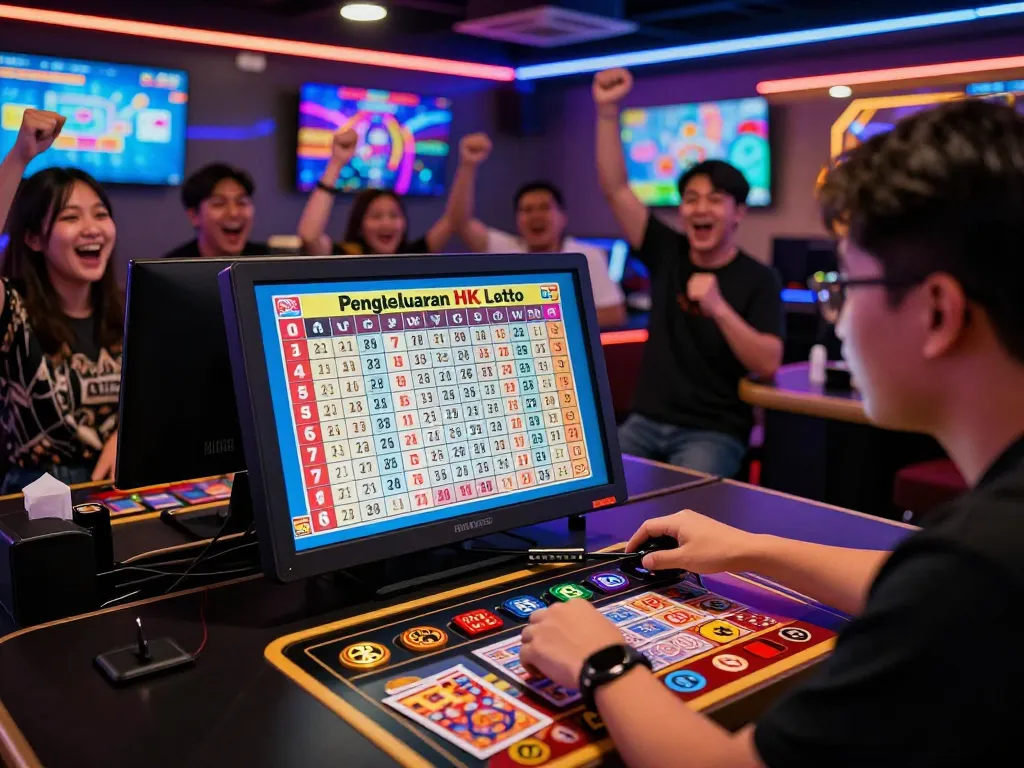 Adegan undian langsung yang menunjukkan semangat Pengeluaran HK Lotto di lounge permainan yang hidup, dengan pemain bersorak dan hasil lotere bersinar di layar.