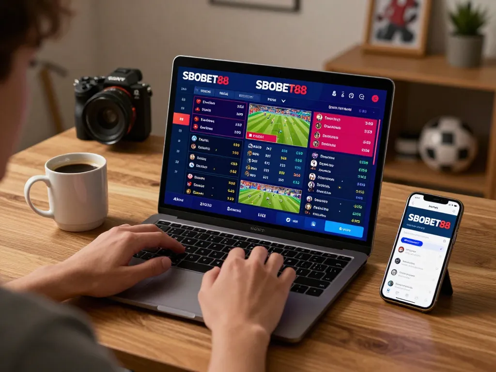 Pengguna SBOBET88 aktif memasang taruhan olahraga di laptop, menampilkan odds live dan kegembiraan bermain di ruang kerja rumah yang nyaman.