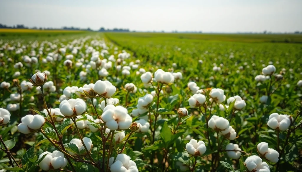 Planten van katoen groeien in een zonovergoten veld, symboliserend de agrarische industrie.