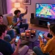 Friends joyfully playing dk7 สล็อต in a cozy gaming room environment.