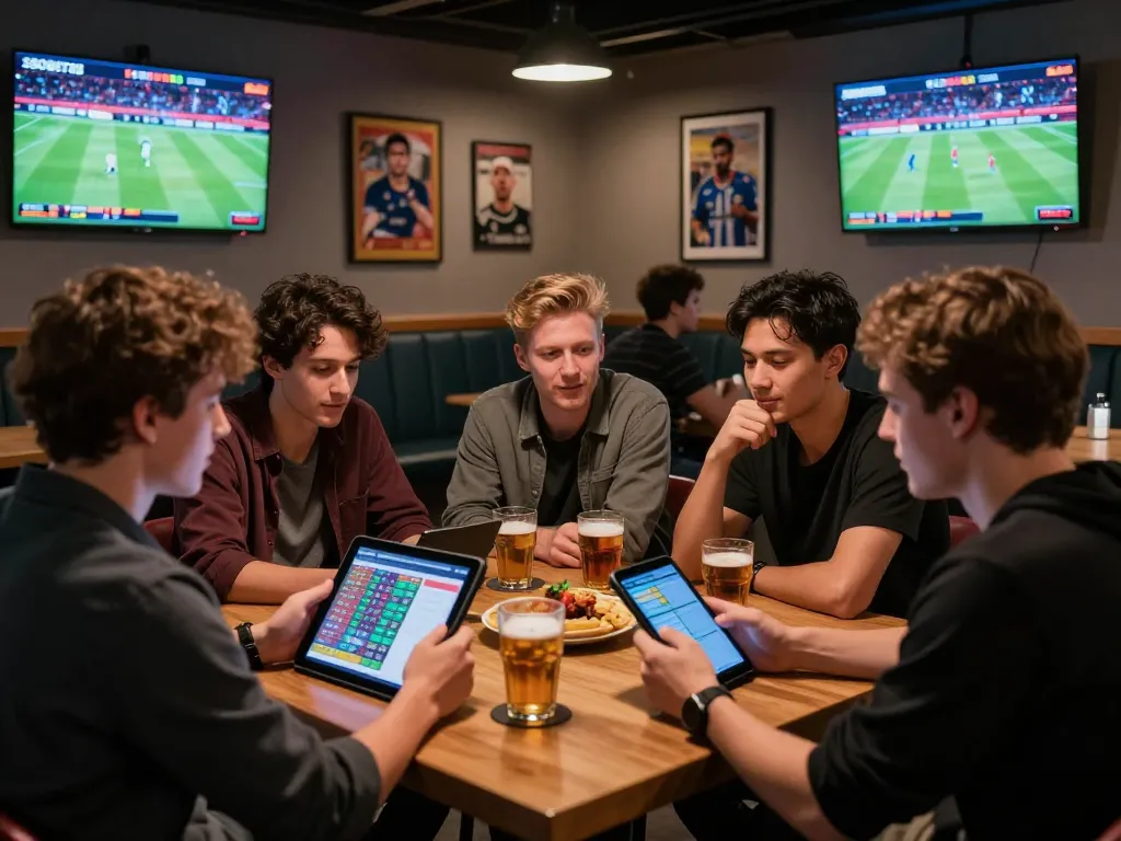 SBOBET88 betting experience in a vibrant lounge with friends placing bets and enjoying sports events