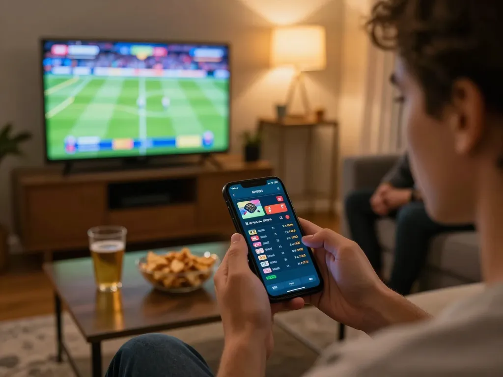Person placing live sports bets on five88 app while watching sports in a cozy living room.