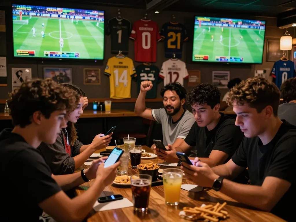 Friends enjoying Judi Bola betting experience during a live football match in a vibrant sports bar.