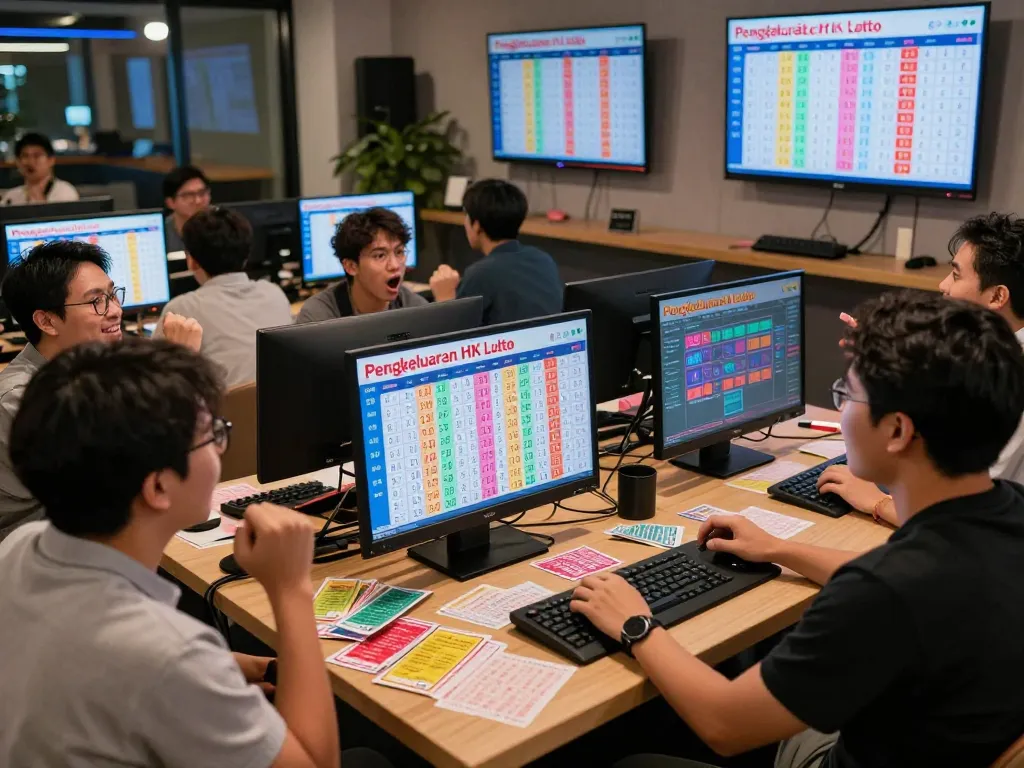 Adegan interaktif teman-teman merayakan hasil dari Pengeluaran HK Lotto selama acara undian langsung, dipenuhi dengan antusiasme dan tiket lotere berwarna-warni.