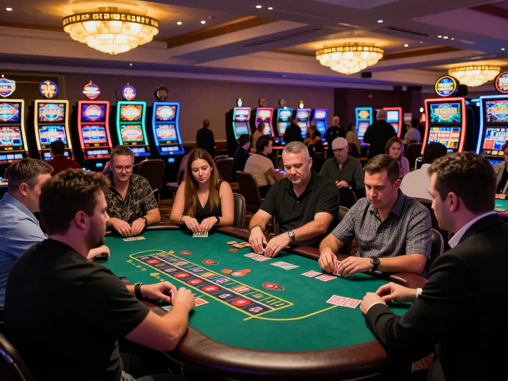 Players revel in dynamic gameplay at hitclub's bustling casino floor, surrounded by colorful slot machines.