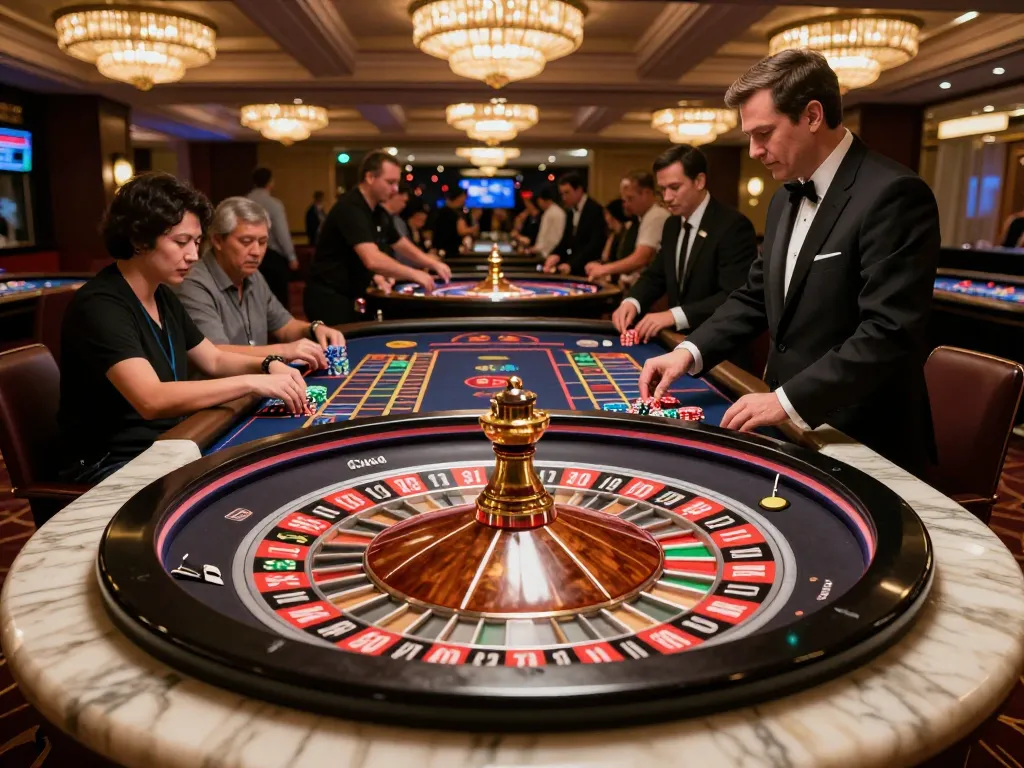 Players engage in strategic roulette gameplay at ko66 casino, showcasing excitement and luxury.