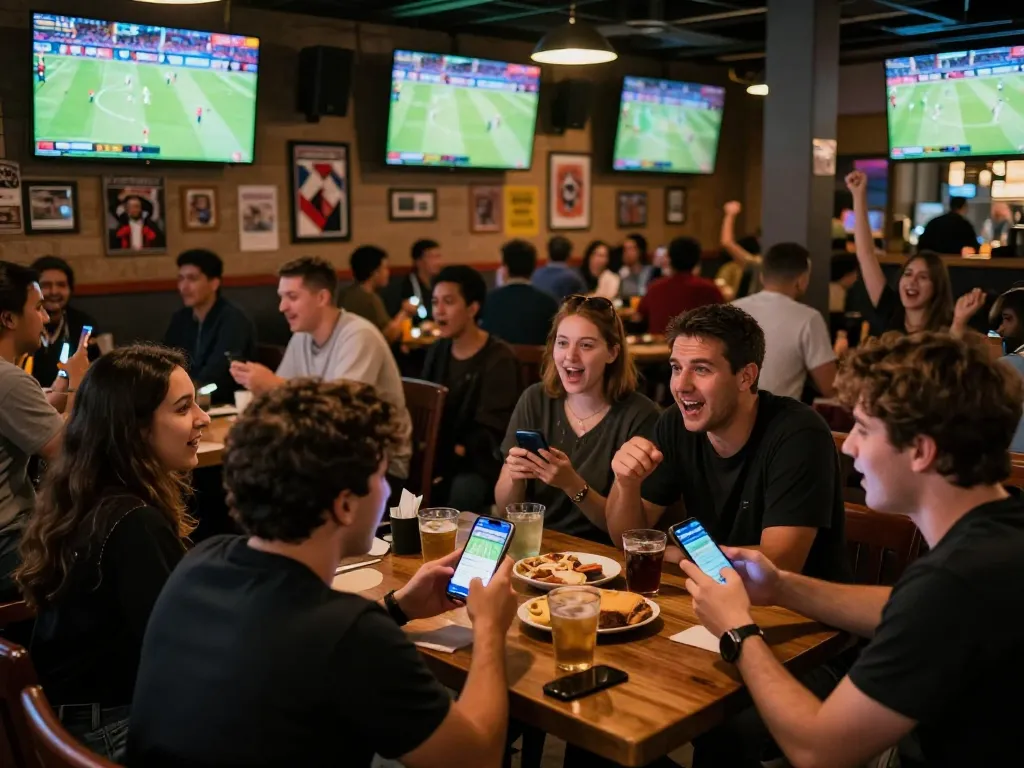Pengguna SBOBET88 bertaruh di bar olahraga yang ramai dengan penggemar, minuman, dan kegembiraan
