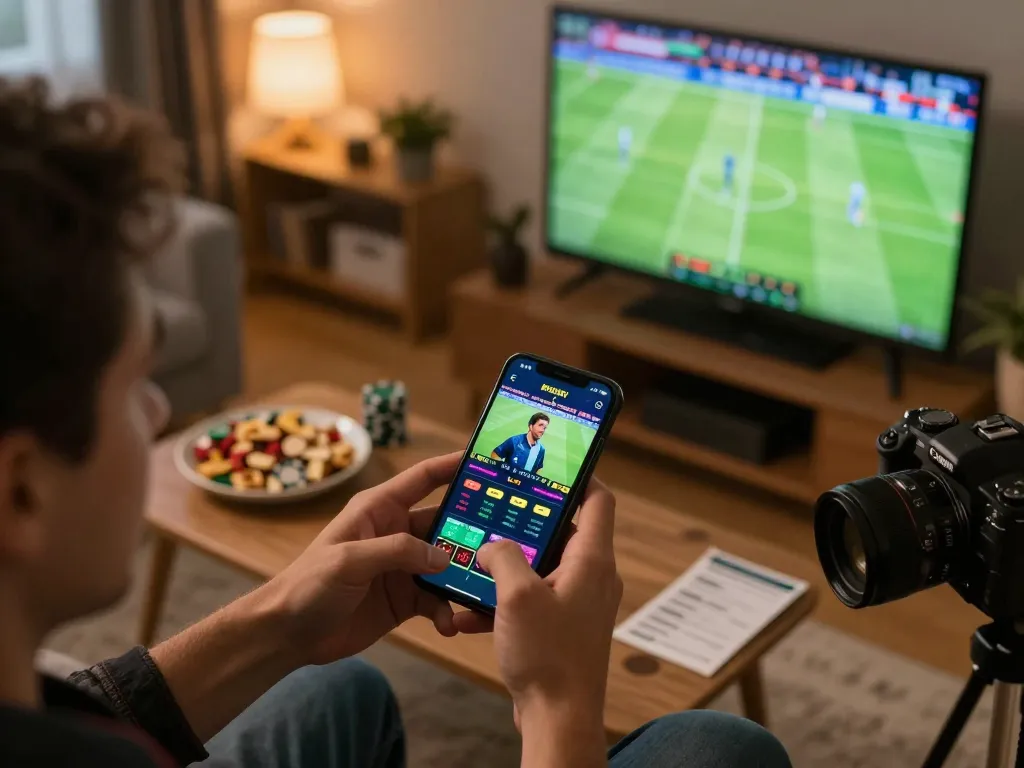 Person placing bets on CAKHIATV in an exciting sports betting environment with a smartphone.