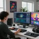Digital artist using mind control ai technology in a creative video studio